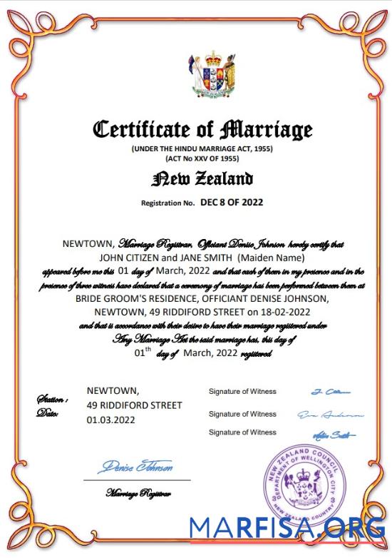 Printable New Zealand marriage certificate Word and PDF template